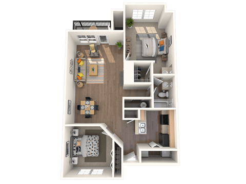 Floor plan for 2 beds, 1 bath, 985 sqft